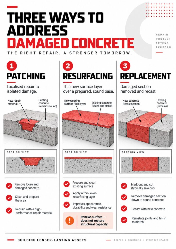 Civcom Patch & Caulk guide comparing patching, resurfacing, and replacement for concrete repairs Sydney