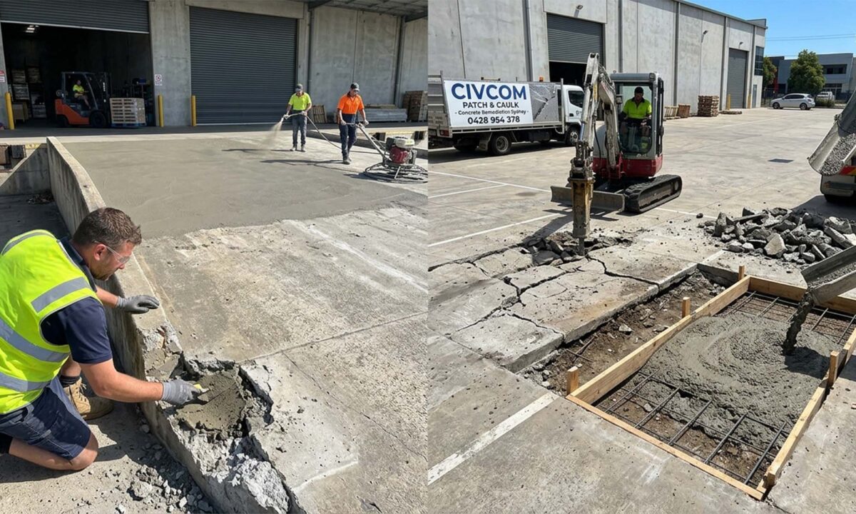 Civcom Patch & Caulk technician patching concrete ramp before surfacing on industrial Sydney property.